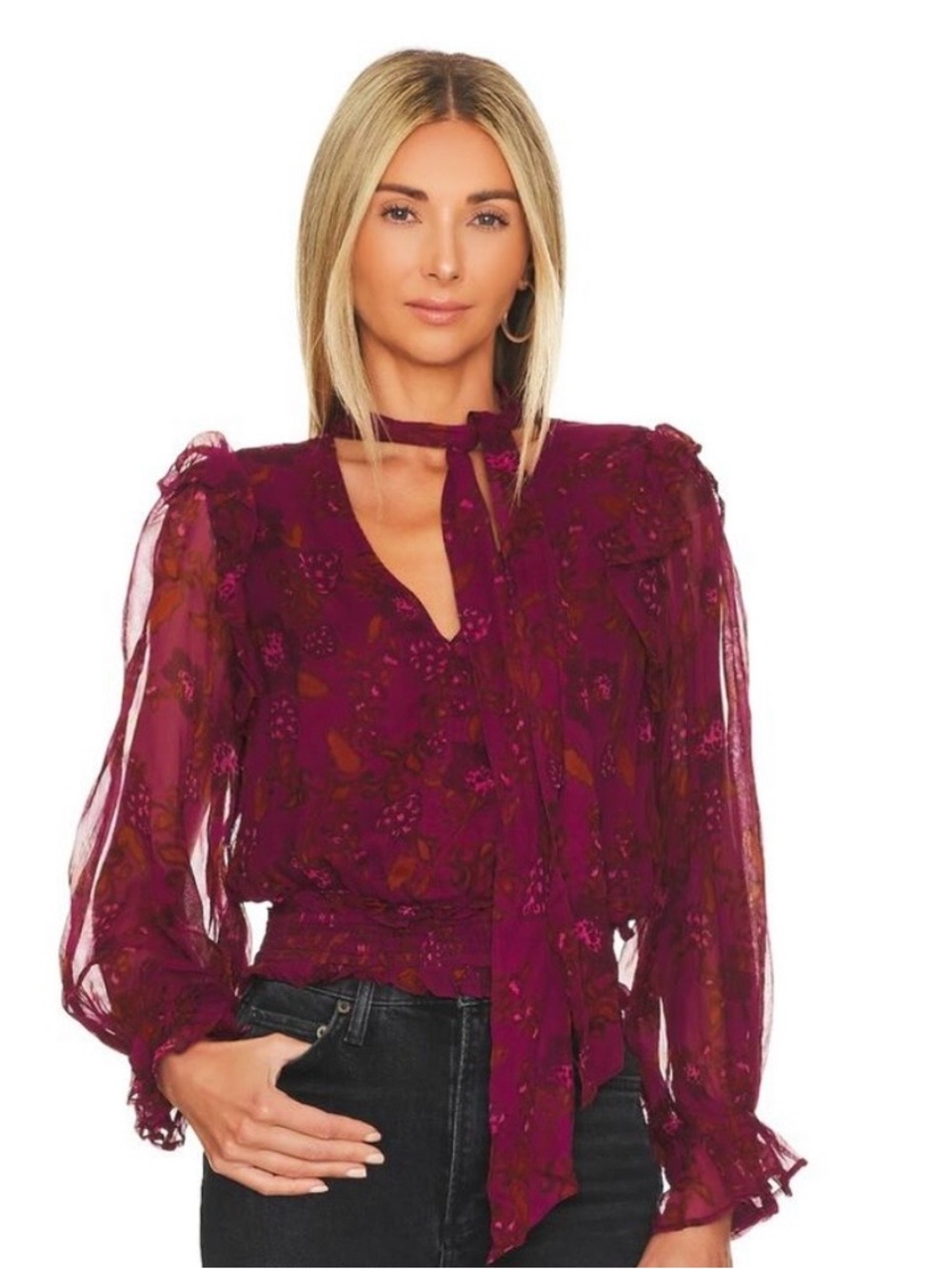 Cleobella Sheer Plum Floral Tie-Neck Blouse